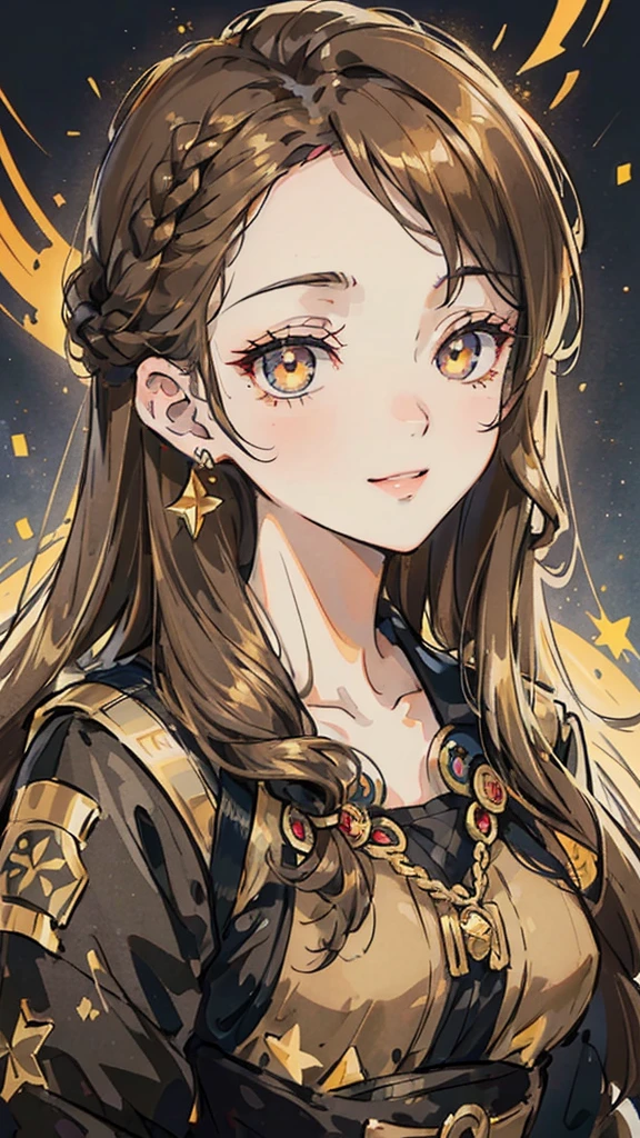 Woman , FOV, f1.8, masterpiece, front portrait shot, black and gold casual modern clothing, plain gold colored background, close up, smiling, front bangs, braid on the left side of hair, ( Woman))( ( golden colored eye in the right eye) ) ( (dark gray eye in the left eye) ) ( ( star-shaped pupil in the left eye) ), ( ( dark brown hair in the half right side of hair) ), ( (light brown hair in the half left side of hair ) ), ( (split dyed hair ) ) , star shaped eye pupil, white colored eye pupil, full front bangs