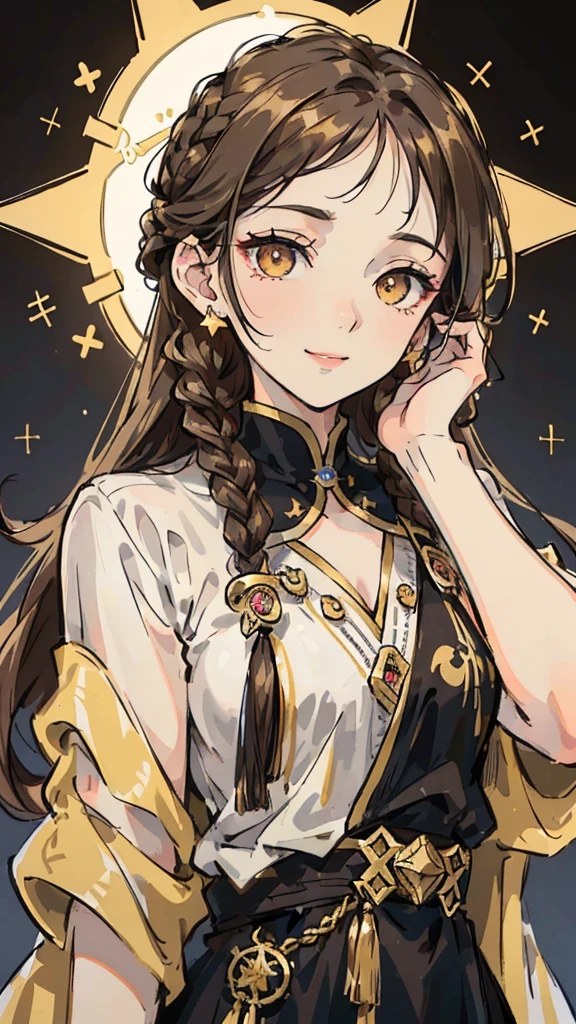 Woman , FOV, f1.8, masterpiece, front portrait shot, black and gold casual modern clothing, plain gold colored background, close up, smiling, front bangs, braid on the left side of hair, ( Woman))( ( golden colored eye in the right eye) ) ( (dark gray eye in the left eye) ) ( ( star-shaped pupil in the left eye) ), ( ( dark brown hair in the half right side of hair) ), ( (light brown hair in the half left side of hair ) ), ( (split dyed hair ) ) , star shaped eye pupil, white colored eye pupil, full front bangs
