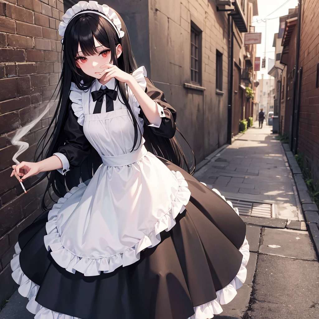 Smoking cigarettes Maid clothes Long Black Hair The background is a European back alley