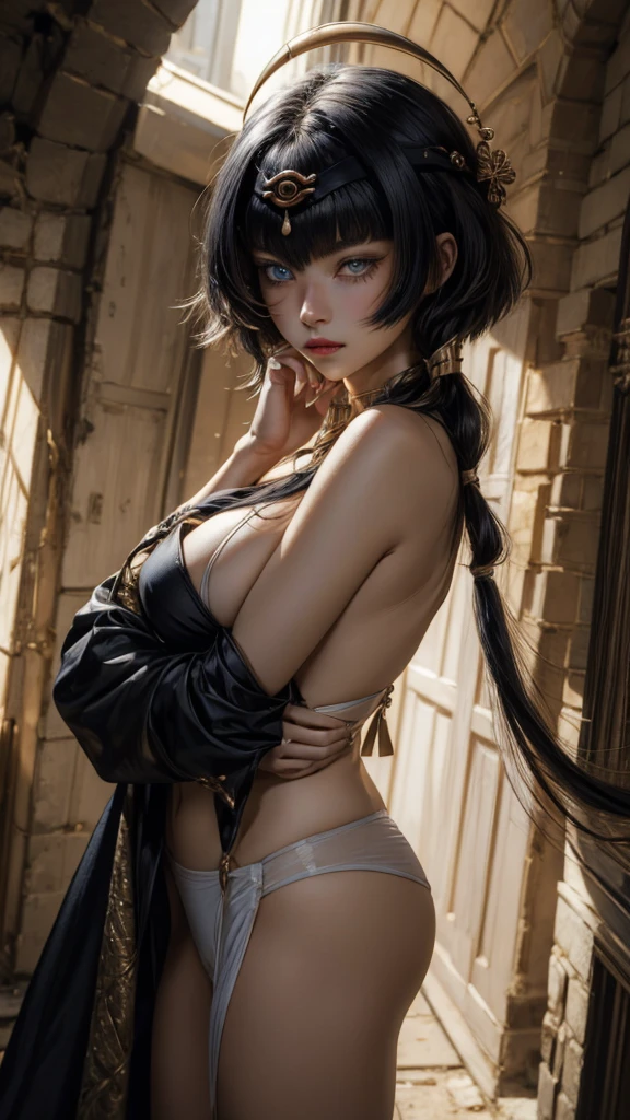 (masterpiece, best quality, detailed), 1boy androgynous and effeminate , solo, looking at viewer, candace, (pale skin, white-skinned boy androgynous 1.3), no breasts, short hair with long locks, sidelocks, long hair, black hair ((heterochromia)),
white short,, white pull, basement, (black:1.5), dimly lit, ojou-sama pose, He has an indifferent expression