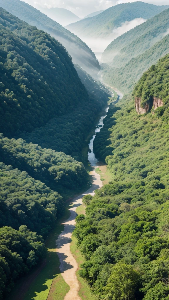  ""Generate a high-resolution aerial photo of a lush green forest with dense foliage and mist. The image should depict a serene, foggy landscape with rolling hills covered in tall trees. Soft sunlight should filter through the mist, creating a mystical and tranquil atmosphere. Include a winding dirt path that cuts through the forest, enhancing the sense of depth and perspective in the scene." With a river and a natural mountain 