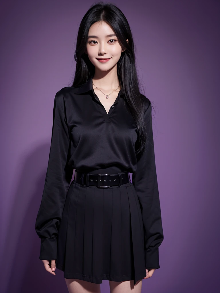 1 girl, black long hair,dark purple shirt with collars, long sleeve, black skirt, tie, belt, standing, smile,neckless, purple background