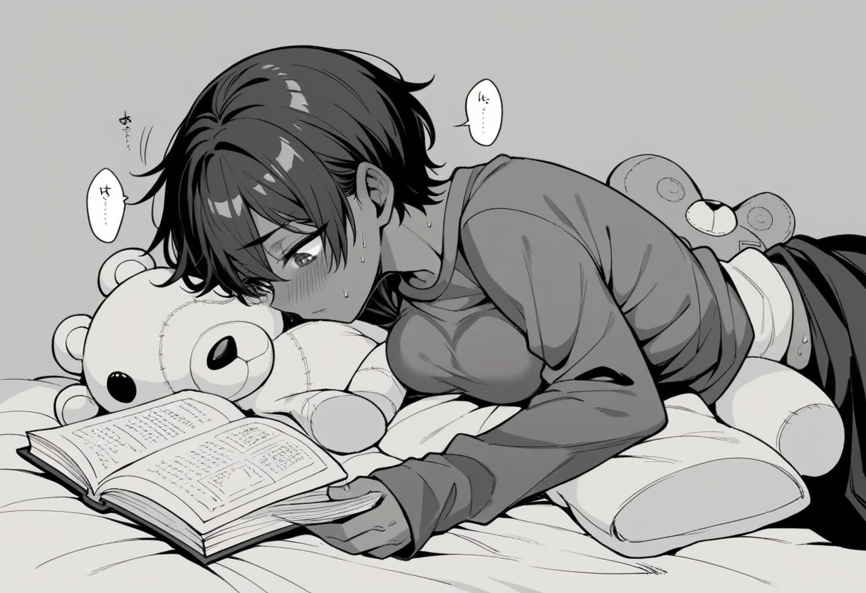 1girl, monochrome, greyscale, reading, book, dark_skin, blush, 1boy, holding_book, hetero, lying, dark-skinned_female, short_hair, sweat, holding, open_book, on_back, from_side, sex, stuffed_toy, stuffed_animal, breasts, genderswap_(mtf), solo_focus, scar, teddy_bear, long_sleeves