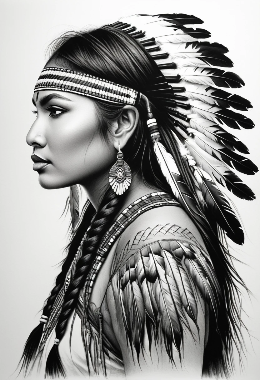 A detailed black and white drawing of an American Indian made with a fine black pencil. The view from the back, to the size, elle plisse les yeux vers le spectateur, turn your left shoulder. American Indian warrior makeup, tatouages élégants avec des attrapes rêves et des fleurs. complicated hairstyle, plumes rouges dans ses cheveux. long cils, une très belle jeune femme indienne élancée, peau blanche. Master drawing, very high quality, photographic precision.