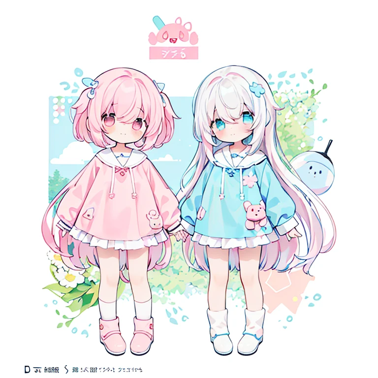(PastelColors:1.5)、(Cute illustration:1.5)、(1 girl:1.0)、hair between eye、 hair between eye, 1 girl、full body Esbian、depth of fields、Deformed Character、Mini Character Girl、loose、Potato、Pale dull color、White Standard、Stretch out both hands、short limbs、Cute smile、Intriguing desire for asylum、Loose world、one girls、Deformed illustration、Mini Character Illustration、(Only one girl:1.4)、(Standing picture:1.2)、White hair、White and pink girl、White and light blue girl
