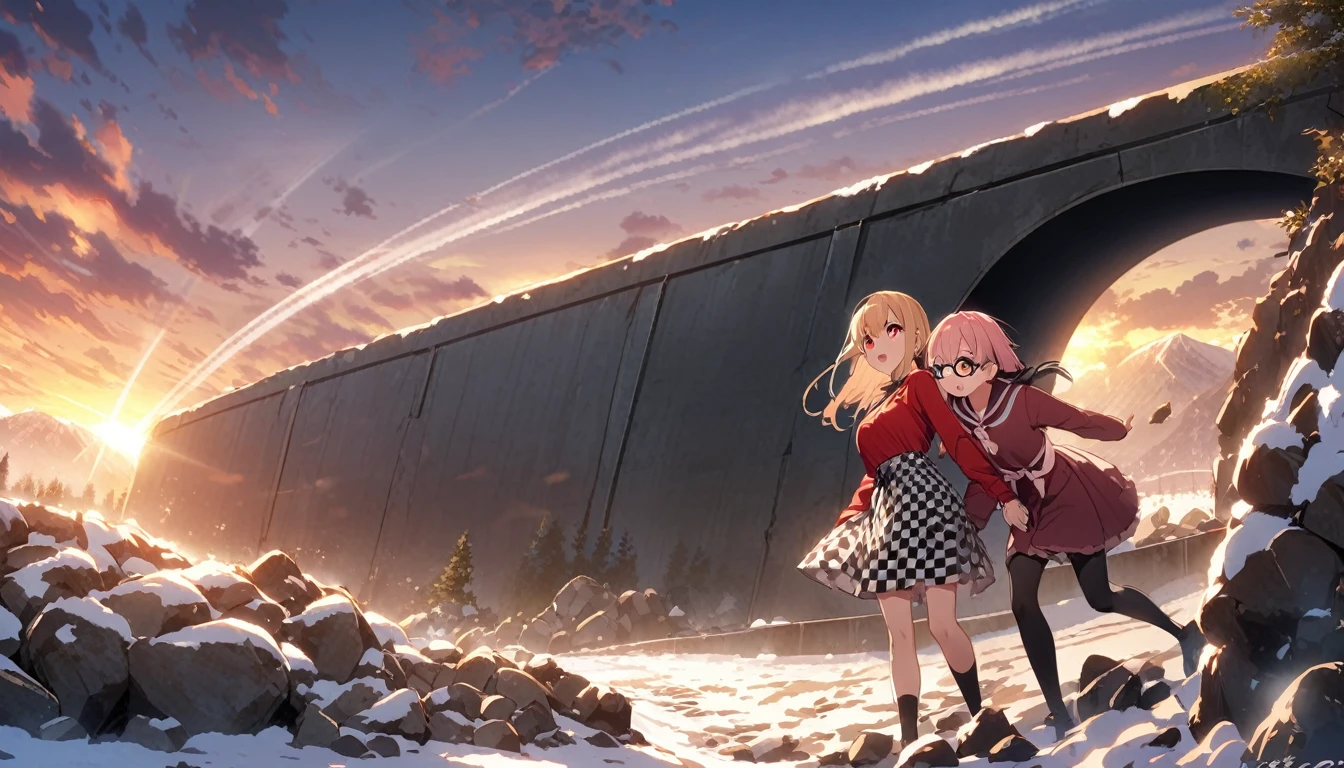 Pink gold golden hair、Red eyes、2 girls、anime、Checkered mini skirt、The skirt has buttons、Red T-shirt、Long sleeve、China、Black knee-high socks、Wearing a ribbon、Ribbon on waist、Tilting face、tunnel、Sunset sky、rocks、Snow is piled up、Rocky Mountain、The clouds are breaking through、Contrail、Glasses、