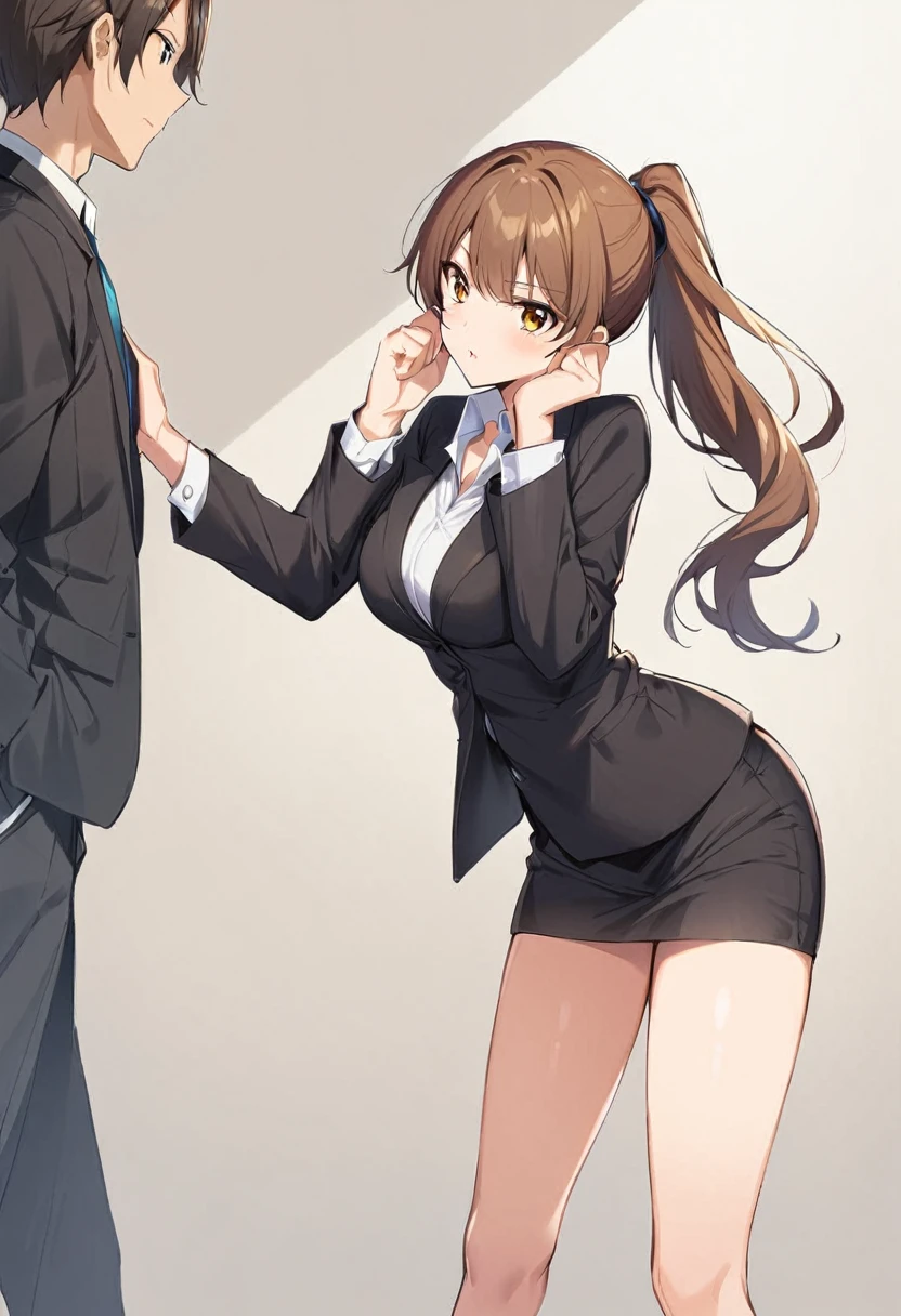 1 Girl, suit, office lady, Black trousers, Black blazer, Brown Hair, Long Hair, teenager, ponytail, Cover your nose with your hand