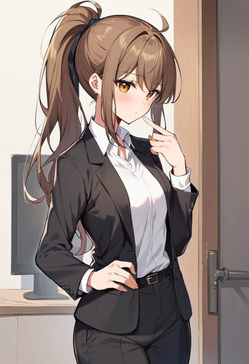 1 Girl, suit, office lady, Black trousers, Black blazer, Brown Hair, Long Hair, teenager, ponytail, Cover your nose with your hand