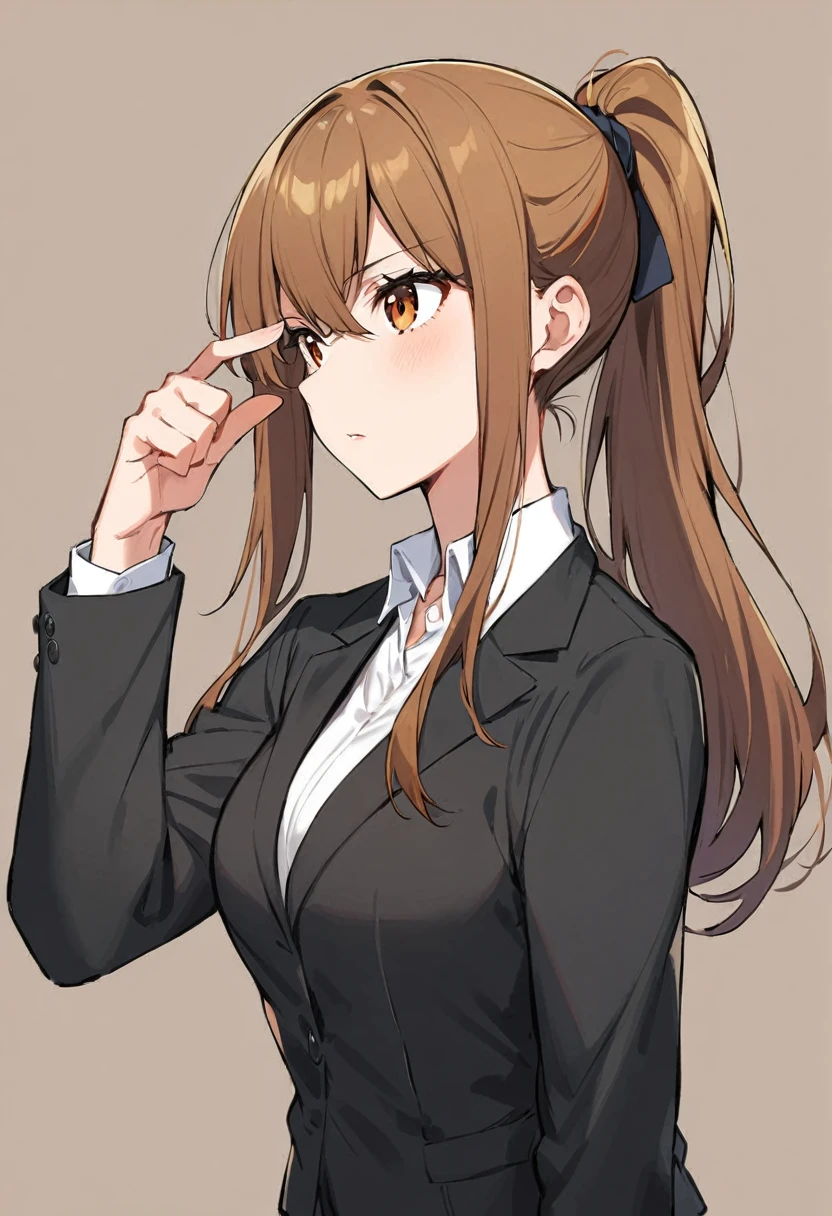 1 Girl, suit, office lady, Black trousers, Black blazer, Brown Hair, Long Hair, teenager, ponytail, Cover your nose with your hand