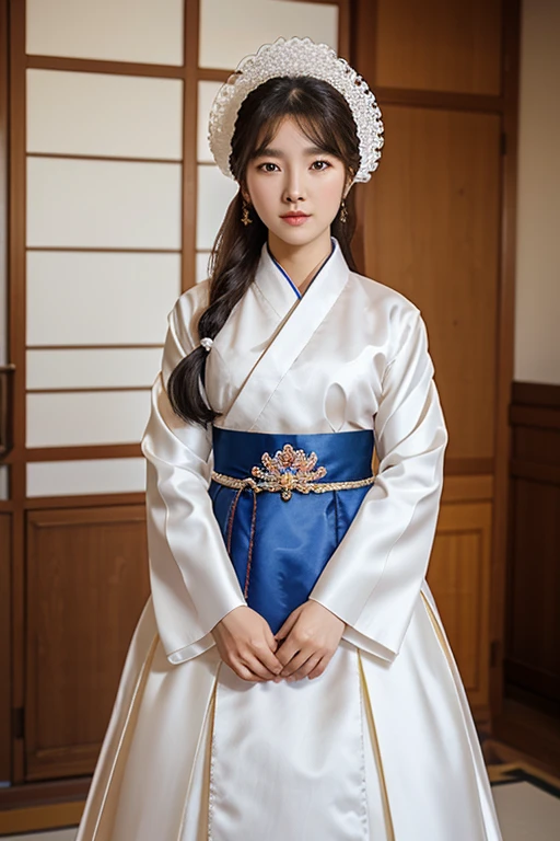 masterpiece, best quality, hd, realistic, 80mm, 1girl, 20 y.o, swedish girl, sweden, wear Korean traditional dress, indoor, standing, smile, long hair, blonde