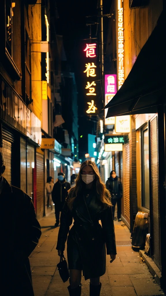 (Cinematic Aesthetic:1.4) Photo of a city night gigi hadid walking with black man with mask