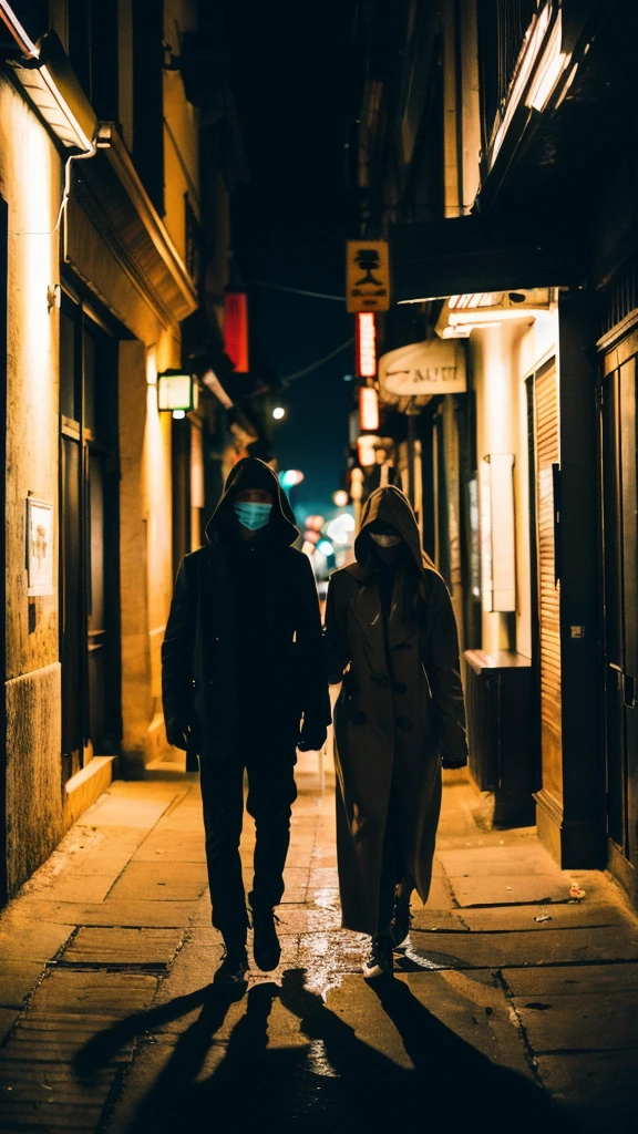 (Cinematic Aesthetic:1.4) Photo of a city night gigi hadid walking with black man with mask