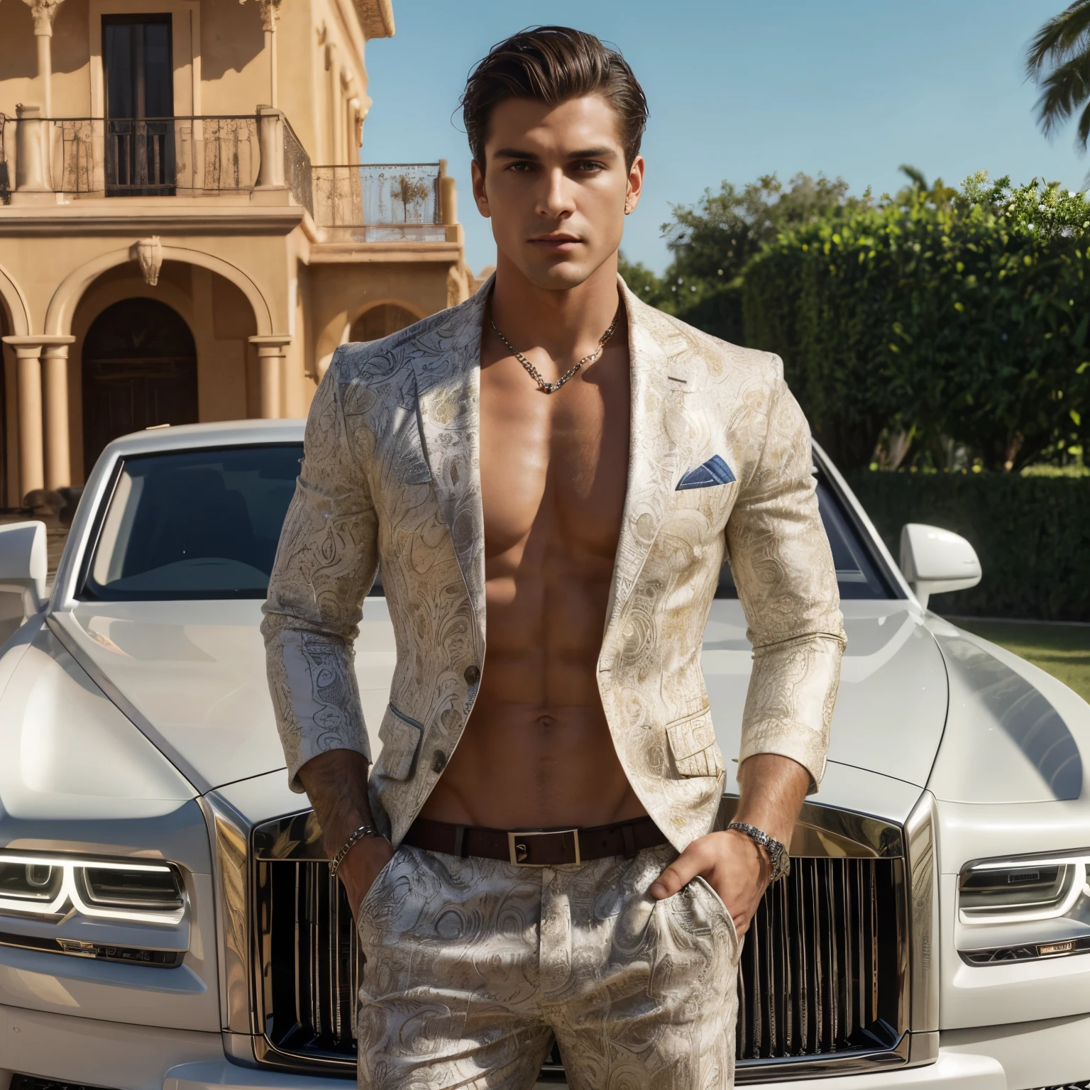 This image portrays a striking young man posing confidently in front of a luxurious white Rolls-Royce vehicle. The man's toned, muscular physique is showcased as he stands shirtless, wearing only a colorful, patterned shirt that is left open, revealing his chiseled abs and chest.

The man's expression exudes a sense of self-assurance and swagger, his gaze directed towards the camera with a slightly cocky demeanor. His stylish, yet relaxed attire - consisting of the patterned shirt and green patterned shorts - contributes to an overall impression of a contemporary, fashionable aesthetic.

The lavish white Rolls-Royce serves as an impressive backdrop, highlighting the man's access to high-end material possessions and affluent lifestyle. The elegant, Spanish-style architecture of the building in the background further reinforces the upscale, luxurious setting.

The combination of the man's captivating physical appearance, confident body language, and the opulent automotive and architectural elements creates a visually striking and captivating image that conveys a sense of wealth, success, and a certain degree of vanity or self-indulgence.