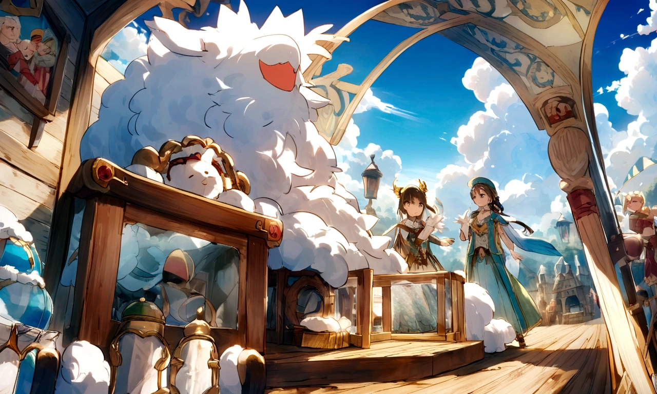 Shooting Gallery,A bright and lively festival,stall,prize,色とりどりのstall,Game fantasy worldview,The sky is bright blue with fluffy white clouds.,The sun is shining brightly
