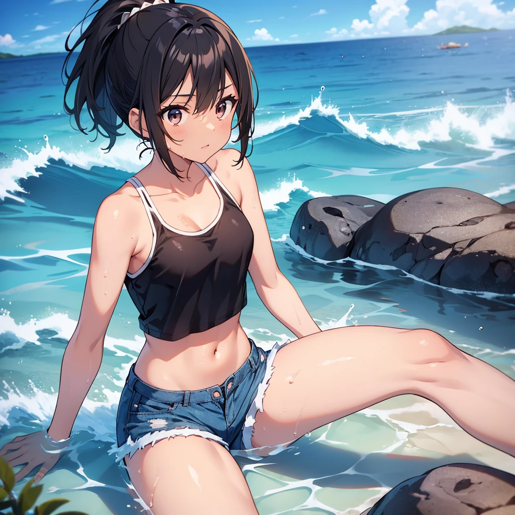 Hoshino Ai Squatting and spreading legs Completely naked Ahegao Sandy Beach