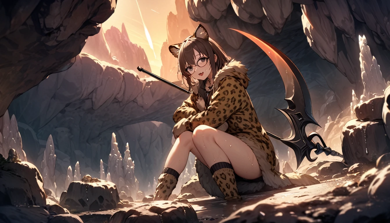 ((best quality)), ((highly detailed)), masterpiece, , (1girl), (glasses),  full body, ((wet knee socks)), -(leopard girl, brown eyes), leopard ears, leopard-print fur, large fangs, (outdoors, in a dark stone cave, stalagmite, stalactites, twilight, shooting star, sunnyday), scythe, holding scythe