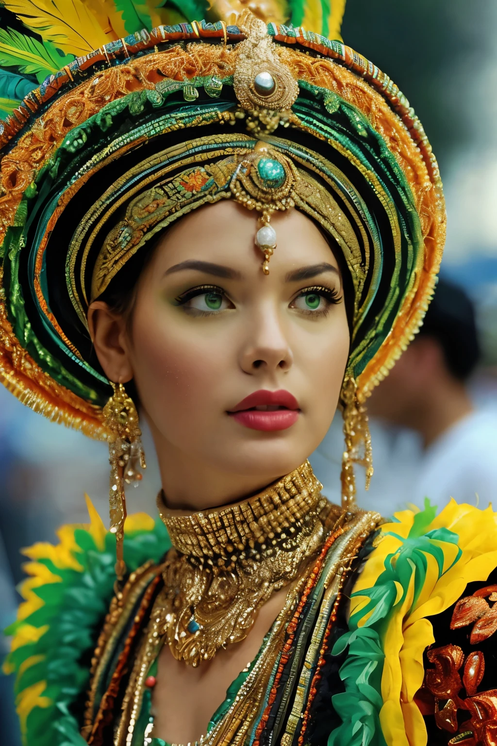 midshot,bellissima, 1girl, a close up of a person with green eyes,vibrant colors of Rio de Janeiro's Carnival are a feast for the eyes, with elaborate costumes, samba music, and street parades,Hyperrealistic art Extremely high-resolution details photographic realism pushed to extreme fine texture incredibly lifelike,Ultra Real Raw digital photo Magic Realism masterpiece,Iphone X,Motion blur