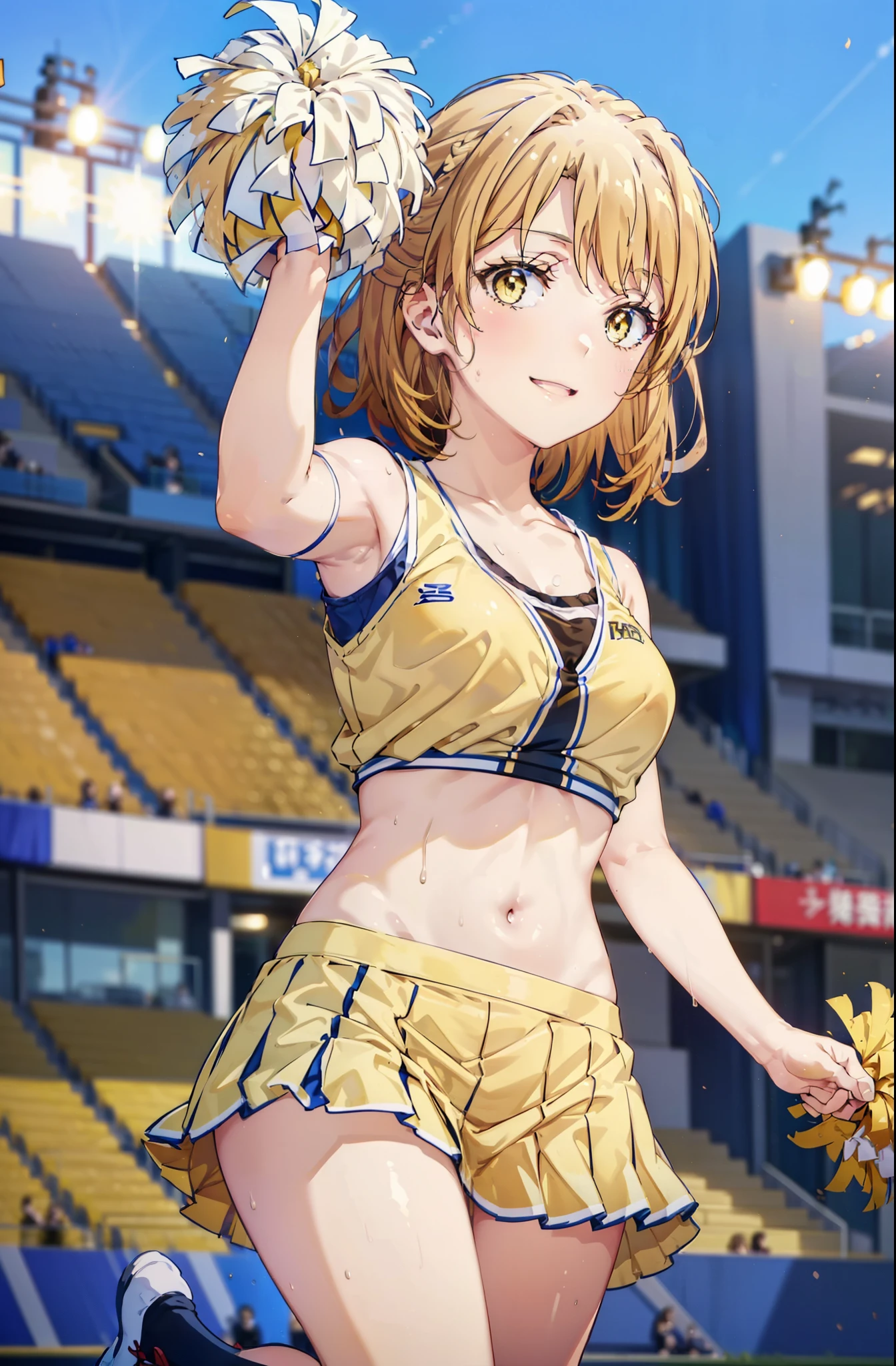 irohaisshiki, iroha isshiki, short hair, brown hair, (Brown eyes:1.5), smile,happy smile, smile, Open your mouth,(cheer leading), (whole body), Big Breasts, Lower, (Sweaty), Sweaty Wet Clothes, (Yellow clothes),No sleeve,Yellow pleated skirt,sneakers , Belly button support, playground, (Jump), (Jump), 足を曲げてJumpする, air, blue sky, Grass原, smile
チアリーダー, Pom-pom \(cheer leading\), Grass, smile, whole bodyがイラストに入るように,
break outdoors,Stadium,
break looking at viewer,whole body,
break (masterpiece:1.2), Highest quality, High resolution, unity 8k wallpaper, (shape:0.8), (Fine and beautiful eyes:1.6), Highly detailed face, Perfect lighting, Highly detailed CG, (Perfect hands, Perfect Anatomy),