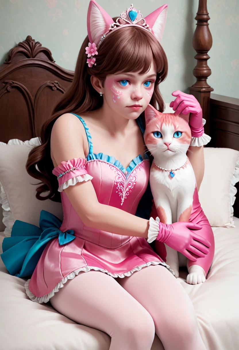 (Style-Princess, fflixbom, white and pink cat facepaint) (1 man, 1 catgirl) (hetero, couple) (crossdressing, fully clothed) (brown hair, blue eyes) (portrait) (women's clothes only) (women's beautifully feminine skintight velvet floral print frilly girly pink adorable ballet leotards) (white opaque tights, no shoes) (tiaras, pink shoulder-length silk gloves:1.3) (woman's bedroom, four-poster bed) (lying down, hugging, bending knee) (intimacy, playfulness, closeness)