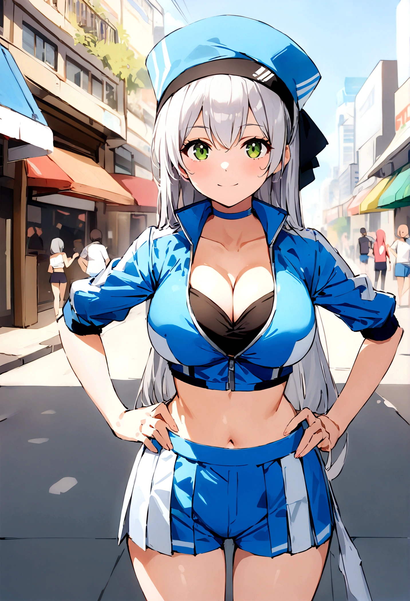 score_9, score_8_up, score_7_up,4k, ,BREAK , (from front,),standing,straight-on,hands on hips,1girl,RACEELIE,silver hair,long hair,HAIRBAND, CHOKER, BLUE HAT, BLUE JACKET, CROPPED JACKET, CLEAVAGE,large breast,, MIDRIFF, BLUE SHORTS, PLEATED SKIRT,(light smile),(daytime and beachside and city), detailed skin,,(best quality),(aesthetic,very aesthetic),sharp focus,depth of field,,