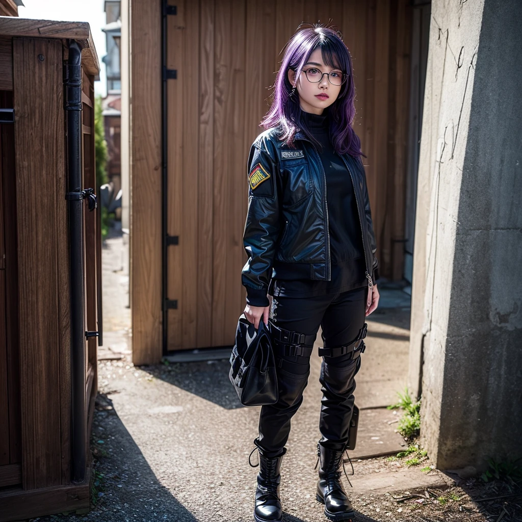 ((best quality)), ((masterpiece)), (detailed), perfect face, 1 girl, purple hair, blue beautiful eyes, tactical gear, military, black military pants, black military boots, black military jacket, military vest, city. Night, winter, glasses, (real、photorealistic、photorealistic: 1.37) soft lighting、roma、subtle shadow、intense colors、enchantingly illuminated、high contrast, full body