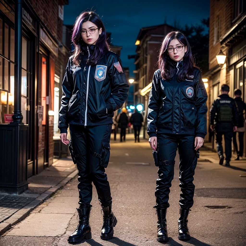 ((best quality)), ((masterpiece)), (detailed), perfect face, 1 girl, purple hair, blue beautiful eyes, tactical gear, military, black military pants, black military boots, black military jacket, military vest, city. Night, winter, glasses, (real、photorealistic、photorealistic: 1.37) soft lighting、roma、subtle shadow、intense colors、enchantingly illuminated、high contrast, full body