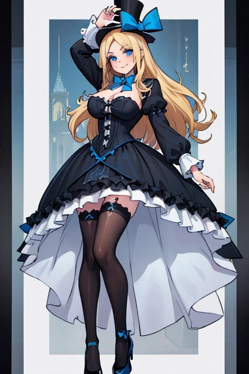 (((a young woman))) (((in a black frilly dress))) and a (((black hat))), (((blonde hair))), (((blue eyes))), (((blue eyes))), (((smile))), ((large breasts)), (thick thighs), (((lifting her dress and showing her legs and panties))), black panties))), (((garter belt)))
