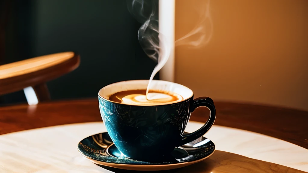 there is a cup of coffee on a saucer on a table, cup of coffee, coffee cup, morning coffee, Highly detailed VFX espresso, hot coffee, steaming coffee, Exploitable Images, Soft - Warm, drinking a cup of coffee, cappuccino, coffee smell, drinking a coffee, Next to the cup, drink more coffee, made with photoshop, coffee cups, coffee