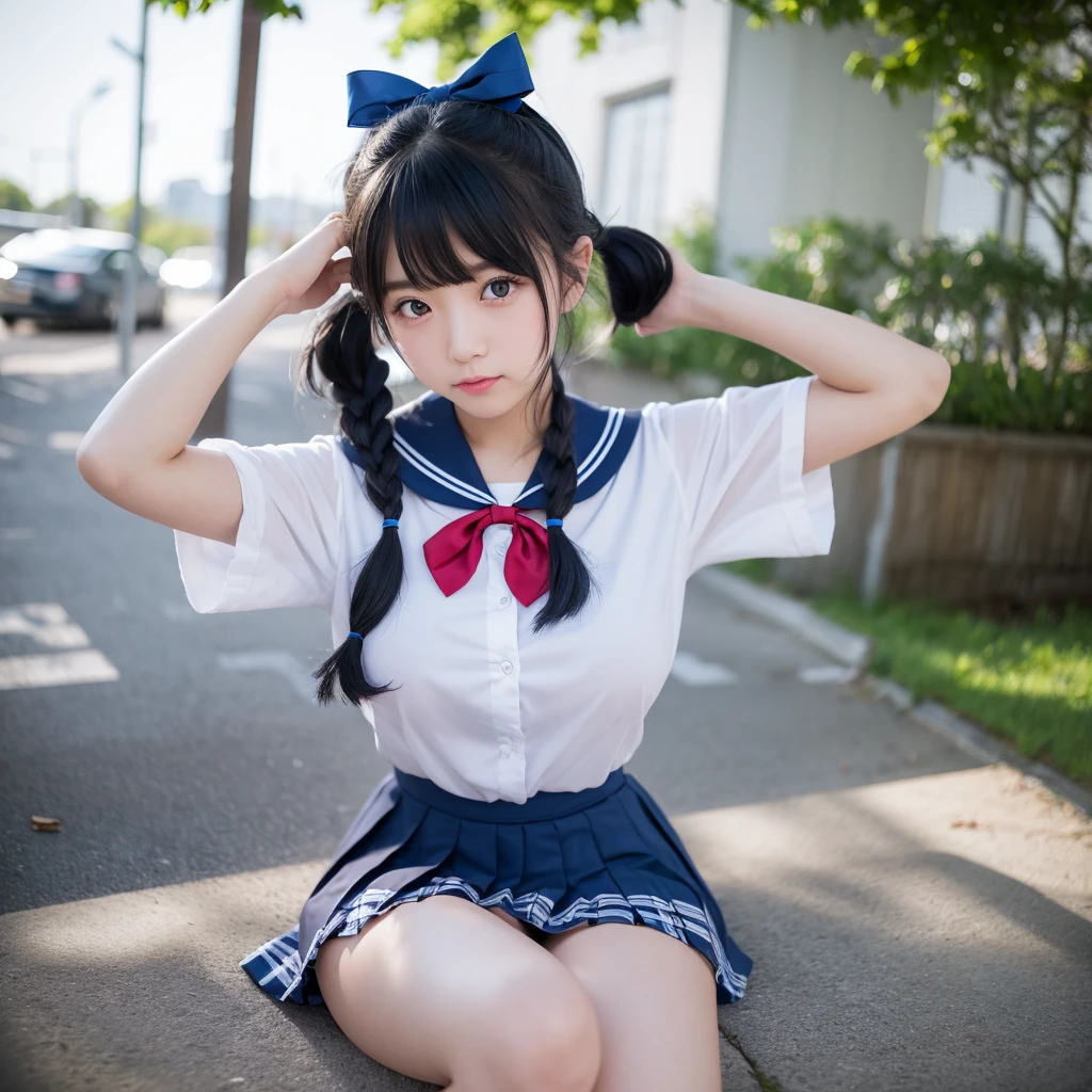 excellent work、HD analysis、Highest level of image quality、16K、reality、1 girl、student18岁的、student、Japanese school uniform、White sailor suit、Red bow tie at neckline、(Soft saturation:1.3)、(Light skin tone:1.2)、Full body facing the camera、18mm lens、F/8.0 aperture、Character Close-up、Black hair、black twin-tails hair、Blue hair ribbon、Blue pleated skirt、(extremely huge breasts:3.0)、Show your legs、Smooth legs