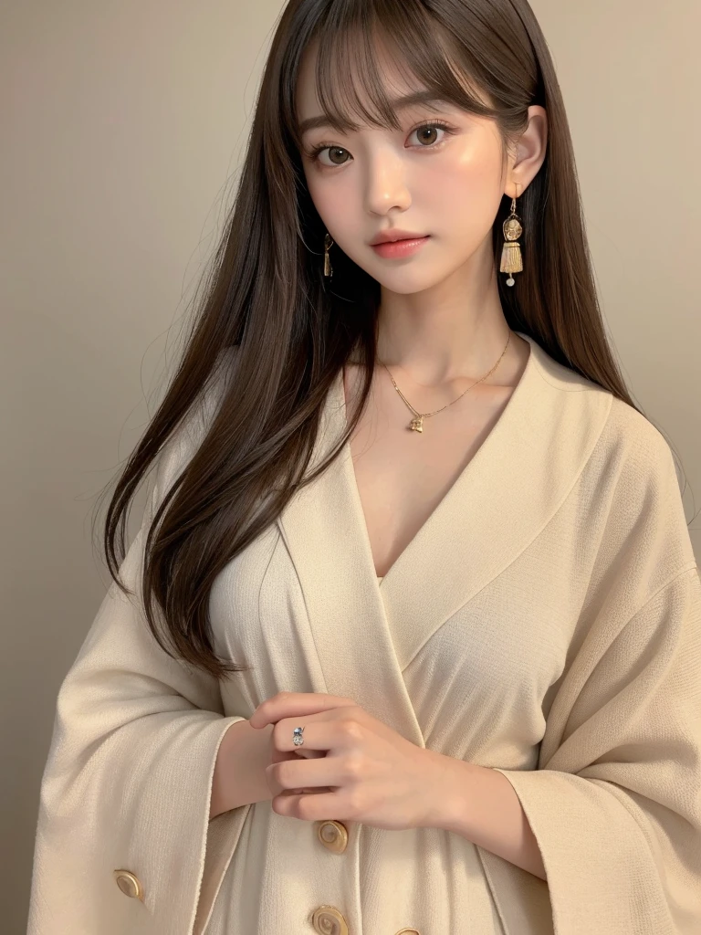 ((Highest quality, 8K, masterpiece:1.3)), concentrate: 1.2, Perfect body beauty: 1.4, Hips: 1.2, ((Long Hair, chest: 1.2)), (Dry clothes: 1.1) , (clear, Simple Background:1.3), Simple clothes: 1.1, Highly detailed face and skin texture,Delicate eyes, double eyelid, Whitened skin, Rough skin、Long Hair、Earrings with bangs、necklace、 solo、Beige coat、White shirt, (((Beautiful girl with cute Japan)))、 ((Beautiful Japanese girl 20 years old))、 ((Baby Face))、 (((Slender body)))、 Upper Body,Face focus、necklace,Simple Background,From above, Realistic Hair、 A photograph was taken:Canon EOS R6、135mm、1/1250 seconds、f2.8、ISO400、(Detailed explanation of the hand)、(Masseter muscle area)、(Exquisite CG)、Long Hair, loose and curly hair、Korean Hair、Long Hair明るいベージュ色、グラデーションハイライトグレージュのゆるふわLong Hairスタイル、