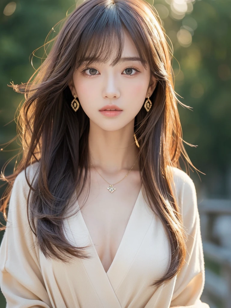 ((Highest quality, 8K, masterpiece:1.3)), concentrate: 1.2, Perfect body beauty: 1.4, Hips: 1.2, ((Long Hair, chest: 1.2)), (Dry clothes: 1.1) , (clear, Simple Background:1.3), Simple clothes: 1.1, Highly detailed face and skin texture,Delicate eyes, double eyelid, Whitened skin, Rough skin、Long Hair、Earrings with bangs、necklace、 solo、Beige coat、White shirt, (((Beautiful girl with cute Japan)))、 ((Beautiful Japanese girl 20 years old))、 ((Baby Face))、 (((Slender body)))、 Upper Body,Face focus、necklace,Simple Background,From above, Realistic Hair、 A photograph was taken:Canon EOS R6、135mm、1/1250 seconds、f2.8、ISO400、(Detailed explanation of the hand)、(Masseter muscle area)、(Exquisite CG)、Long Hair, loose and curly hair、Korean Hair、Long Hair明るいベージュ色、グラデーションハイライトグレージュのゆるふわLong Hairスタイル、