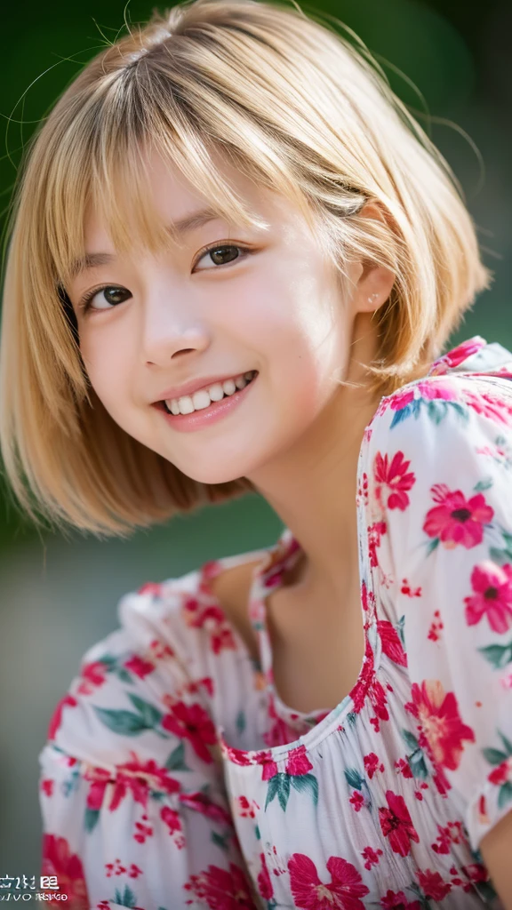 Highest quality,a girl, one girl,solo focus,raw photo,bloom,4K,8K,Realistic,full body,Japanese women,一人のJapanese women,Age 25,Clear,kind,Beautiful eyes,smile,smile,teeth,short blonde hair,Large Breasts,healthy,positive,Very detailed,Casual Style,The background is a flower field,one girl