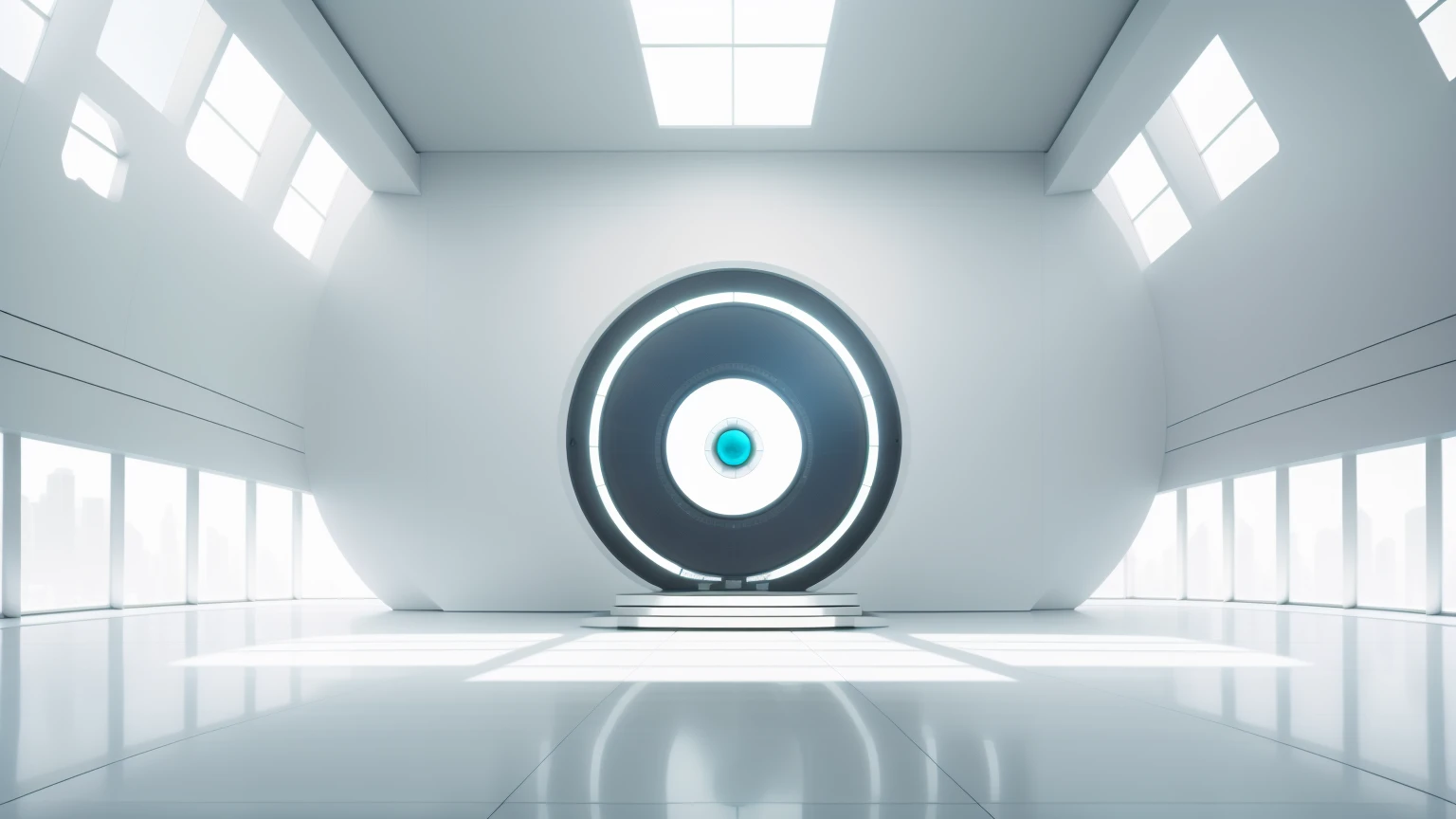 Futuristic minimalist white sci-fi studio，There is a large glass podium in the center of the stage，In the distance wall is embedded a giant artificial intelligence brain, first person perspective，wide wide shot，in a panoramic view，35mm，highlight，high detal，8k，A high resolution