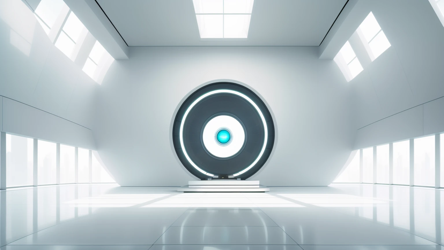 Futuristic minimalist white sci-fi studio,There is a large glass podium in the center of the stage,In the distance wall is embedded a giant artificial intelligence brain, first person perspective,wide wide shot,in a panoramic view,35mm,highlight,high detal,8k,A high resolution