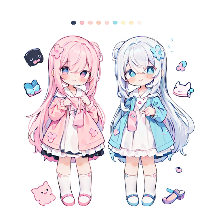 (PastelColors:1.5)、(Cute illustration:1.5)、(1 girl:1.0)、hair between eye、 hair between eye, 1 girl、full body Esbian、depth of fields、Deformed Character、Mini Character Girl、loose、Potato、Pale dull color、White Standard、Stretch out both hands、short limbs、Cute smile、Intriguing desire for asylum、Loose world、one girls、Deformed illustration、Mini Character Illustration、(Only one girl:1.4)、(Standing picture:1.2)、White hair、White and pink girl、White and light blue girl
