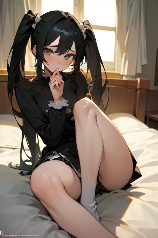 (Masterpiece, best quality:1.3), (anime-style girl), (long black twin tails), (On the bed, with a shy look on her face, legs spread, hands covering her crotch), (detailed background), (soft lighting)