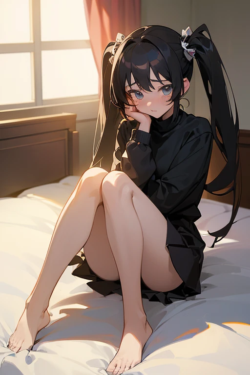 (Masterpiece, best quality:1.3), (anime-style girl), (long black twin tails), (On the bed, with a shy look on her face, legs spread, hands covering her crotch), (detailed background), (soft lighting)