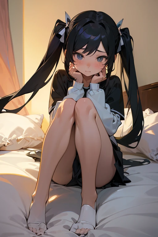 (Masterpiece, best quality:1.3), (anime-style girl), (long black twin tails), (On the bed, with a shy look on her face, legs spread, hands covering her crotch), (detailed background), (soft lighting)