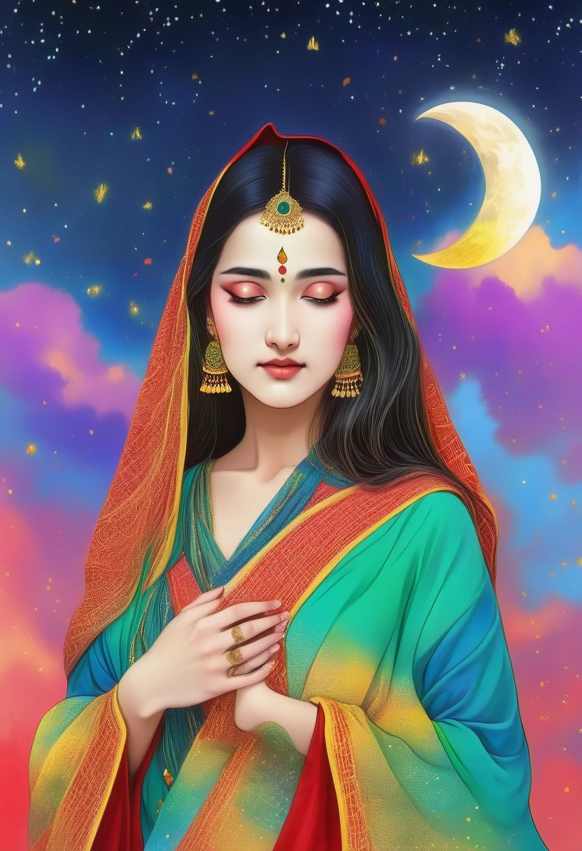 belly danceを踊る女の子, Hiding her face with a scarf、Only the eyes are visible、sea-blue Indian traditional clothing、Red and yellow gradient outfit、 Pastel sky、Starry Sky、Spice Flower、 ginkgo leaf, Slope, Slope background, Slope sky, Indian traditional clothing、Hinduism、Slit eyes、Long Hair, moon, Spring background, Many colours in the sky, alone, Starry Sky、 Twilight, Upper Body, Many color background, Chaotic colored sky, Malachite's Theme, Pop Surrealism , Highest quality、Drawing paper texture、pop surrealism
pop art
drawing、Fractal Art