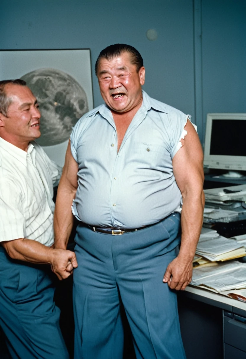 1999 color photograph of a 60-year-old man. which becomes physically cukltruistic with the light of the full moon. The Man is a little chubby and has huge, muscular arms. He wears the remains of a button-down shirt that has been torn to shreds. . He is flexing his muscles in front of his coworkers who admire him and can't stop looking at him with great amazement,
