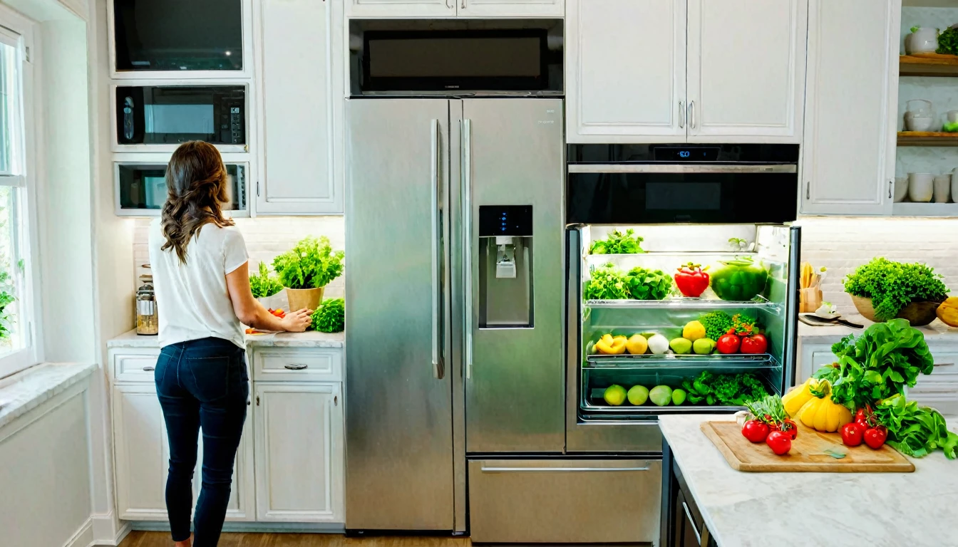 A beautiful woman is preparing cooking ingredients by taking them from the refrigerator. Kitchen scene where a family interacts with various smart devices. Smart refrigerators display recipes, voice-activated assistants provide cooking tips, and smart ovens bake food with automatic settings. The environment is bright and modern with state-of-the-art kitchen equipment."