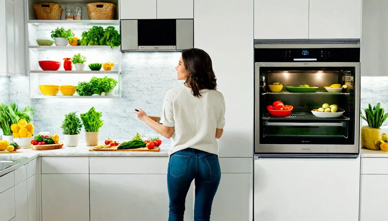A beautiful woman is preparing cooking ingredients by taking them from the refrigerator. Kitchen scene where a family interacts with various smart devices. Smart refrigerators display recipes, voice-activated assistants provide cooking tips, and smart ovens bake food with automatic settings. The environment is bright and modern with state-of-the-art kitchen equipment."