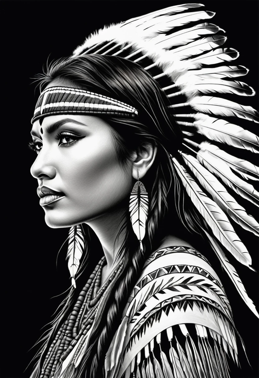 A detailed black and white drawing of an American Indian made with a fine black pencil. The view from the back, to the size, elle plisse les yeux vers le spectateur, turn your left shoulder. American Indian warrior red makeup, tatouages rouges élégants avec des attrapes rêves et des fleurs. complicated hairstyle, plumes rouges dans ses cheveux. long cils, une très belle jeune femme indienne élancée, peau blanche. Master drawing, very high quality, photographic precision.