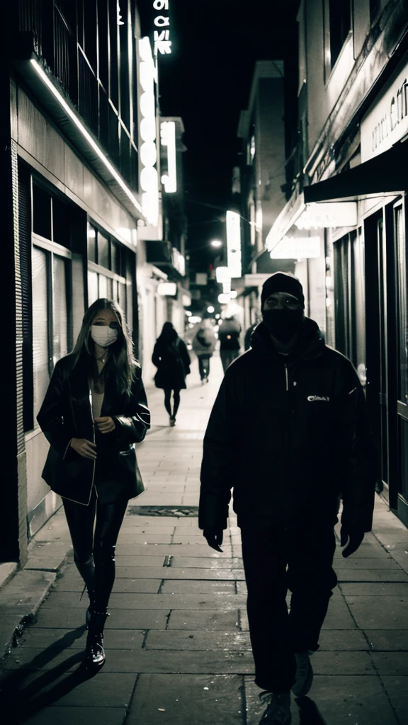 (Cinematic Aesthetic:1.4) Photo of a city night gigi hadid walking with black man with mask black and white 