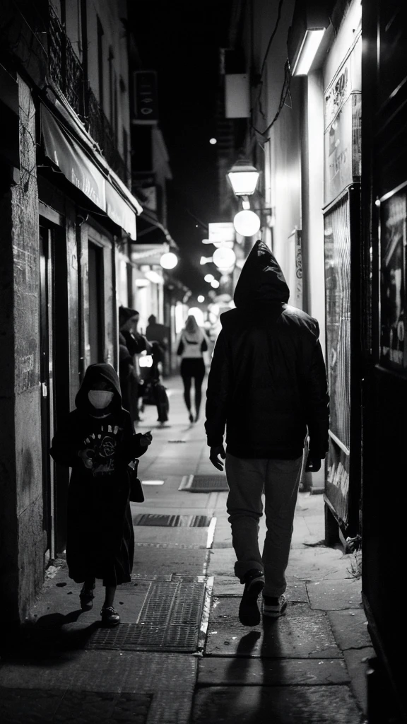 (Cinematic Aesthetic:1.4) Photo of a city night gigi hadid walking with black man with mask black and white