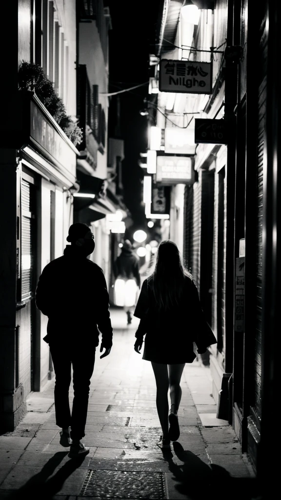 (Cinematic Aesthetic:1.4) Photo of a city night gigi hadid walking with black man with mask black and white 