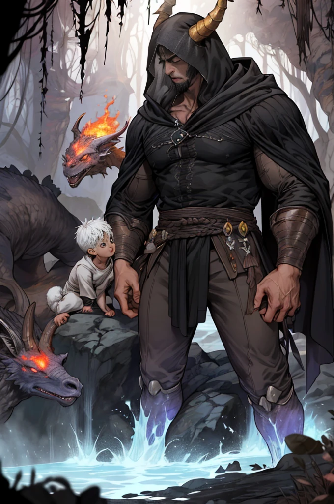 ultra detallado, beautiful and aesthetic, Beautiful, obra maestra , misterio , atmospheric , genial , sobrenatural , La mejor calidad , cueva , 1 hombre , 1 demonic monster , monstruo muy grande , Hombre matando monstruo , The man has a long black hooded robe , He can use magic , El monstruo tiene un cuerno muy grande , Monstruo respira hacer fuego ,  El hombre tiene una gran espada brillante , fantasy sword , 4 Little monster around the big monster , Magma alrededor del campo de batalla , The battlefield is in Cavern , Toda la cuevaa en llamas , La espada del hombre brilla , Acantilado de mayo y roca en Caverna , Caverna en llamas , (Caverna ultra detallada) , (Magma ultra detallado) , (Cara de hombre ultra detallada) , (Espada ultra detallada) , (Monstruo ultra detallado)