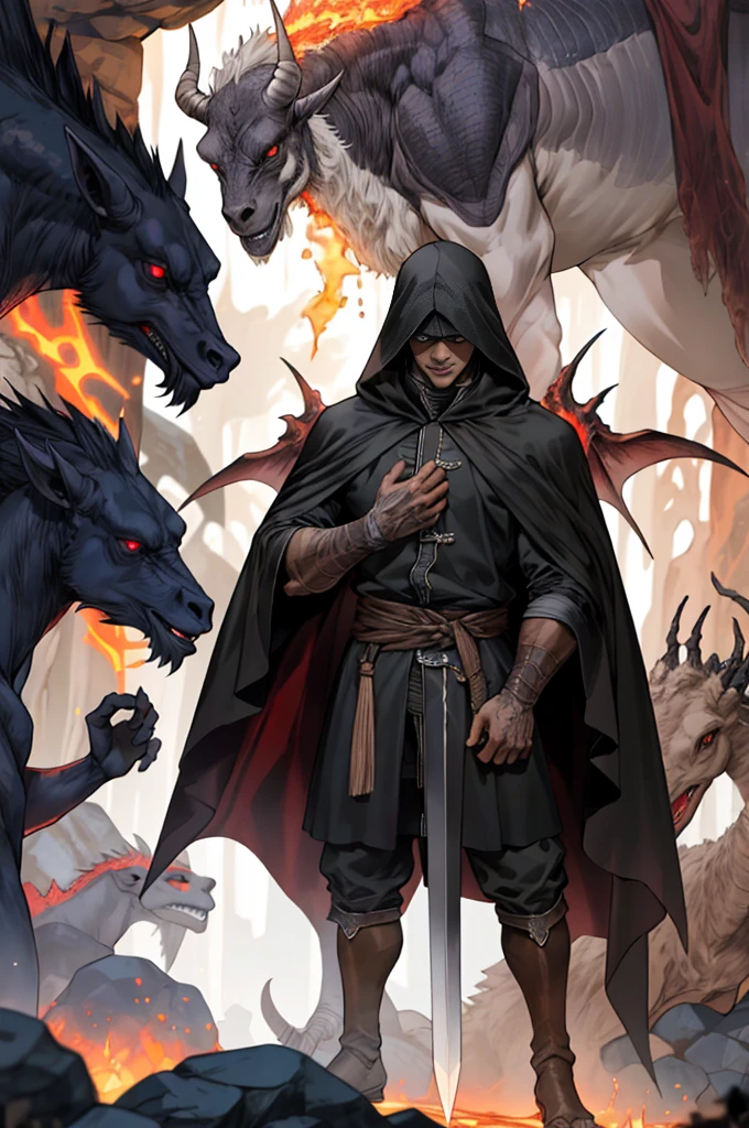 ultra detallado, beautiful and aesthetic, Beautiful, obra maestra , misterio , atmospheric , genial , sobrenatural , La mejor calidad , cueva , 1 hombre , 1 demonic monster , monstruo muy grande , Hombre matando monstruo , The man has a long black hooded robe , He can use magic , El monstruo tiene un cuerno muy grande , Monstruo respira hacer fuego , El hombre tiene una gran espada brillante , fantasy sword , 4 Little monster around the big monster , Magma alrededor del campo de batalla , The battlefield is in Cavern , Toda la cuevaa en llamas , La espada del hombre brilla , Acantilado de mayo y roca en Caverna , Caverna en llamas , (Caverna ultra detallada) , (Magma ultra detallado) , (Cara de hombre ultra detallada) , (Espada ultra detallada) , (Monstruo ultra detallado)