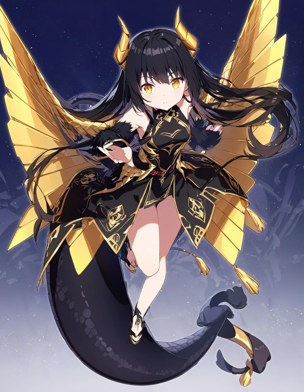 Dragon girl with crystal golden horn Black Hair Full body black Dragon's tail Aerial