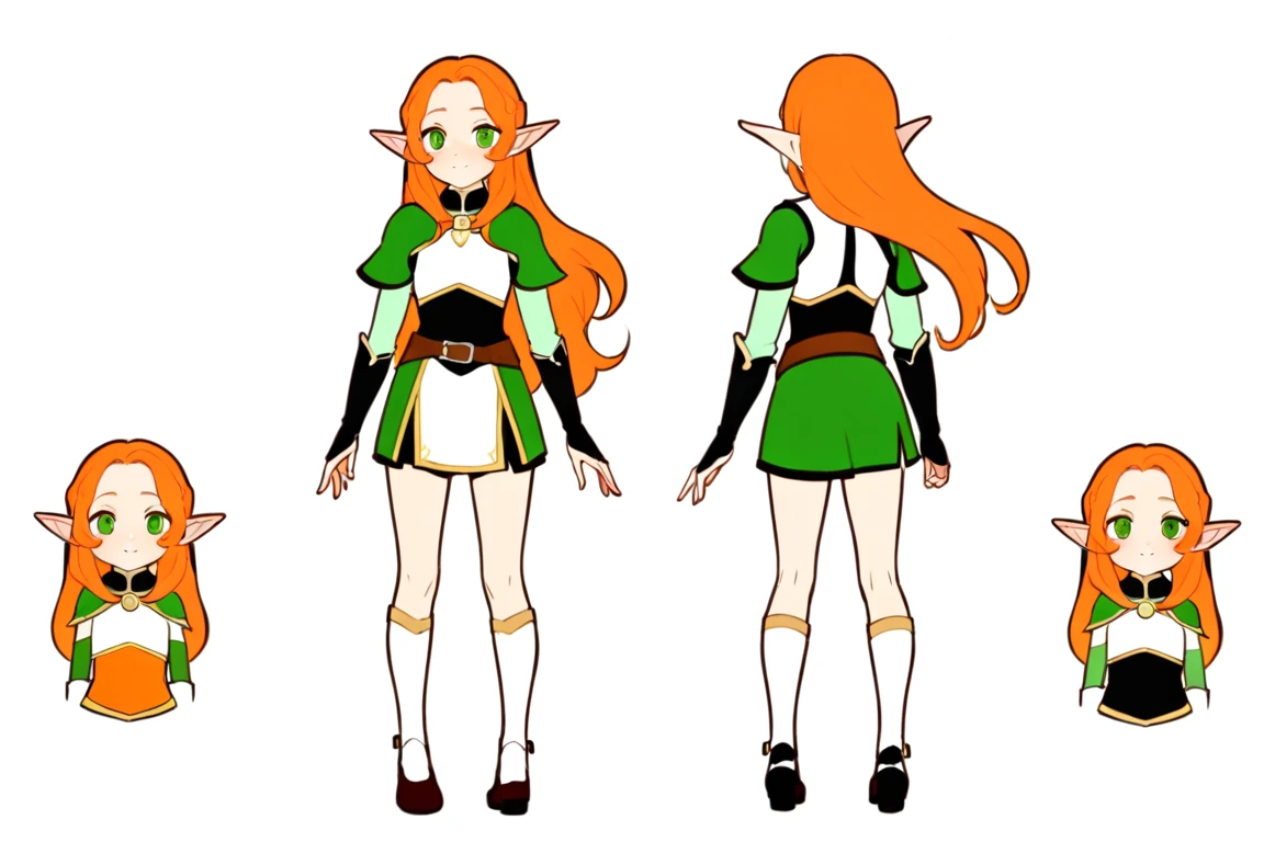 （The same character，front，side，back），Simple background，（whole body）girl，Orange hair，Long curly hair，Green eyes，Look ahead，Wearing armor，Freckles on the face，Elf ears，Short skirt，Equal proportions，The same clothes，Wearing the same shoes，whole body像